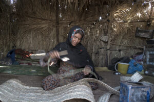 زنان برای ساخت کپر های خود حصیر میبافند
